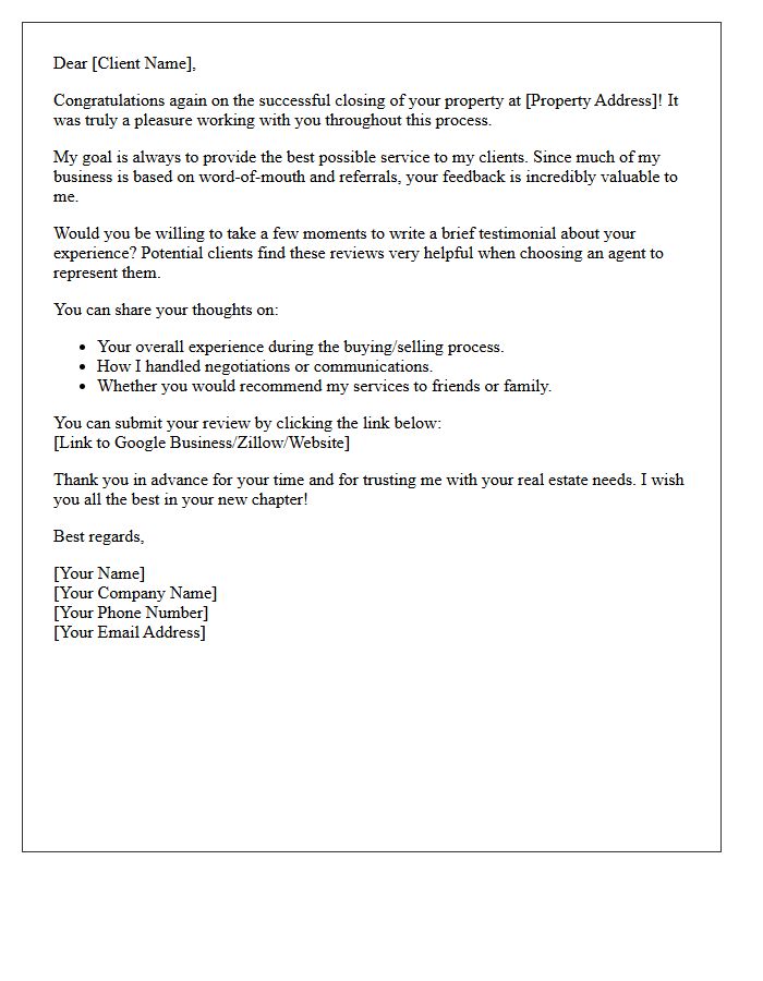 Post-Closing Real Estate Client Testimonial Request Letter