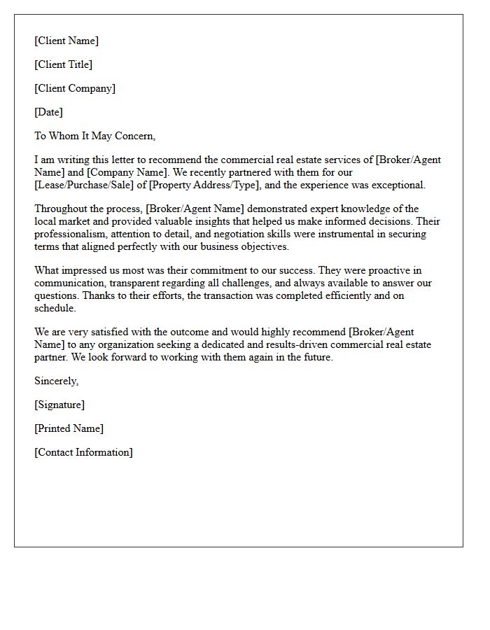 Commercial Real Estate Client Success Testimonial Letter