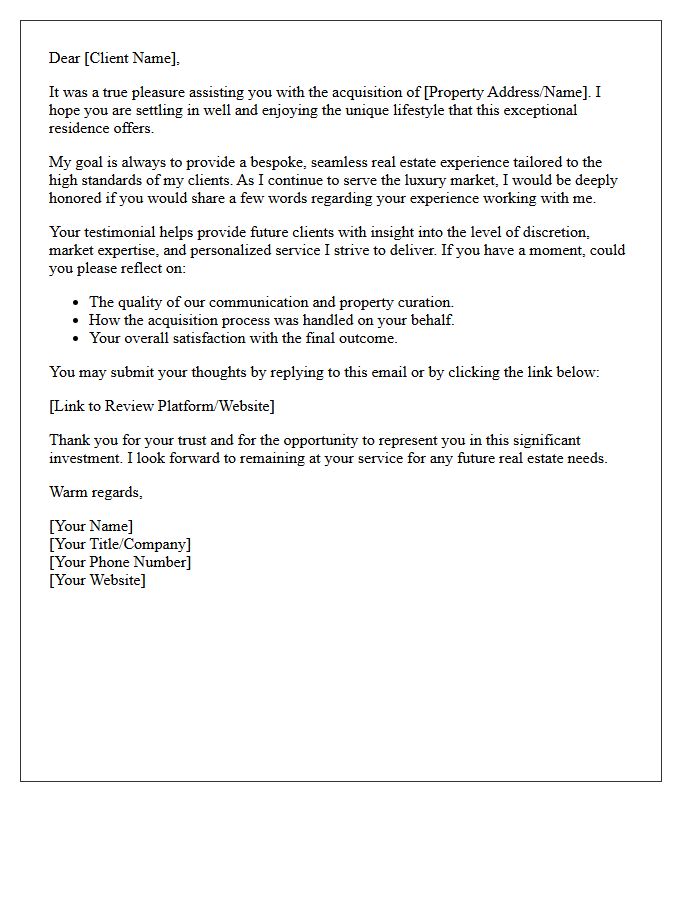 Luxury Property Buyer Experience Testimonial Request Letter