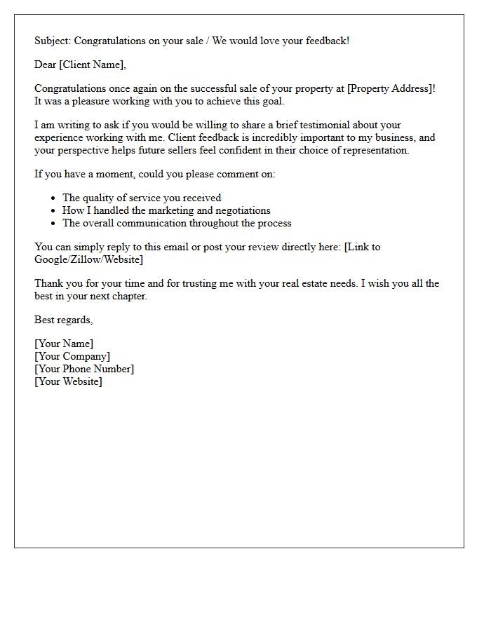 Real Estate Seller Satisfaction Testimonial Request Letter