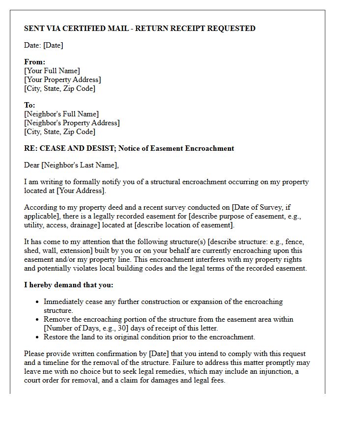 Structural Easement Encroachment Cease and Desist Letter
