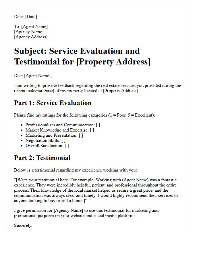 Real Estate Agent Service Evaluation And Testimonial Letter