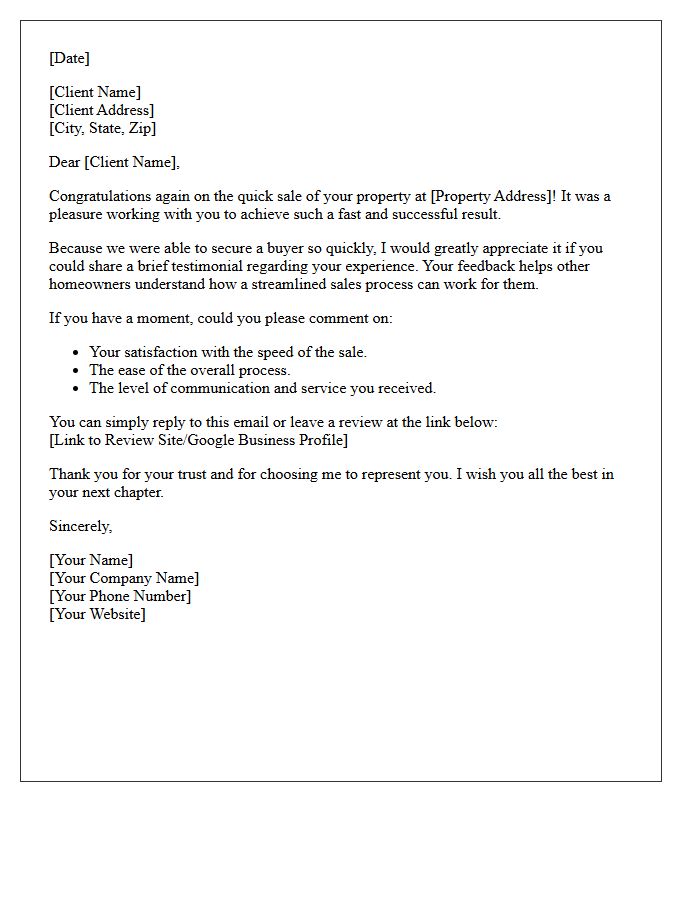 Quick Sale Real Estate Success Testimonial Request Letter