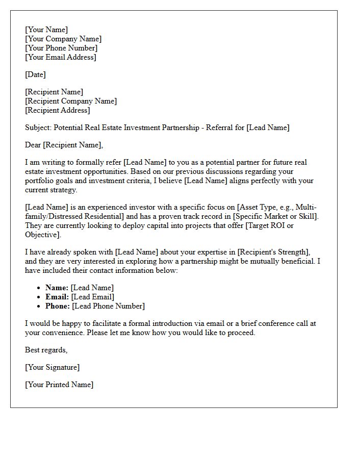 Real Estate Investor Partnership Referral Letter