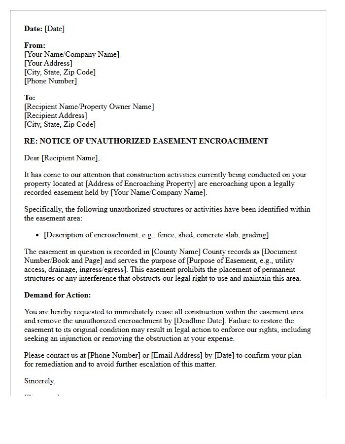 Unauthorized Construction Easement Encroachment Notice Letter