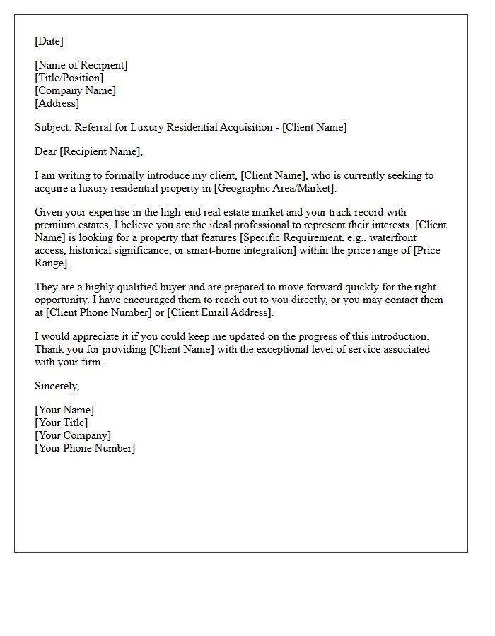 Luxury Home Purchase Client Referral Letter