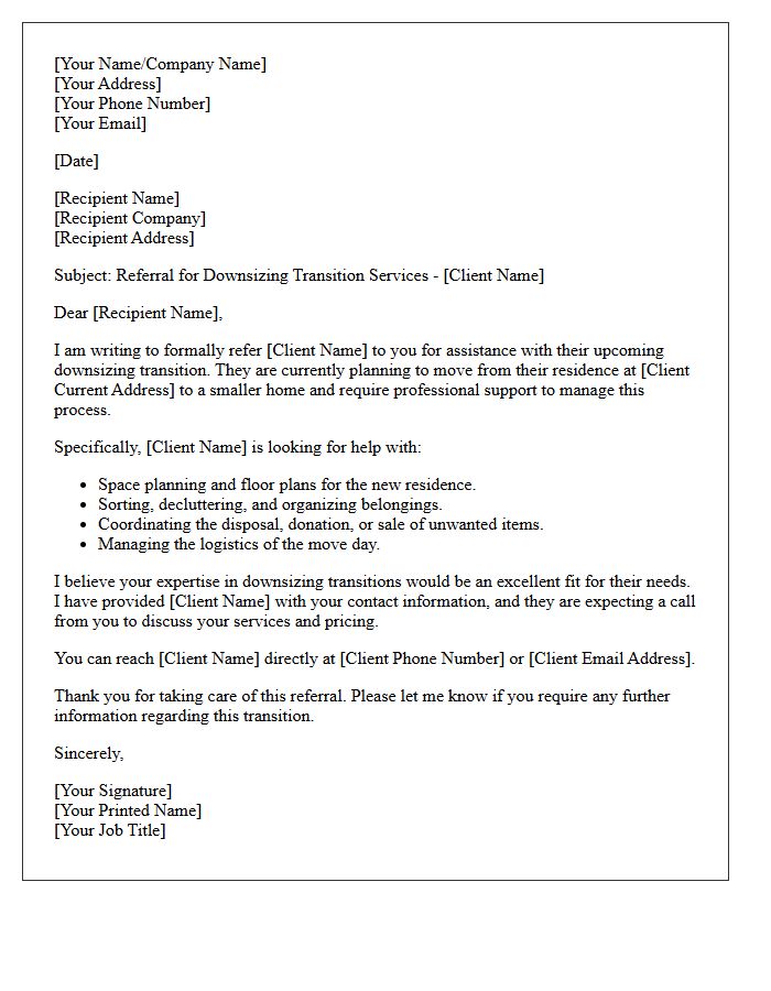 Downsizing Transition Client Referral Letter