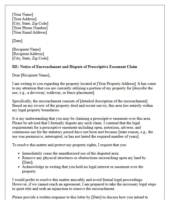 Prescriptive Easement Encroachment Dispute Letter