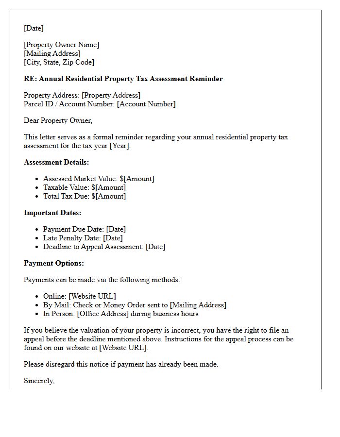 Annual Residential Property Tax Assessment Reminder Letter