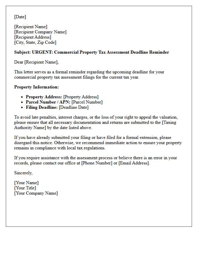 Commercial Property Tax Assessment Deadline Reminder Letter