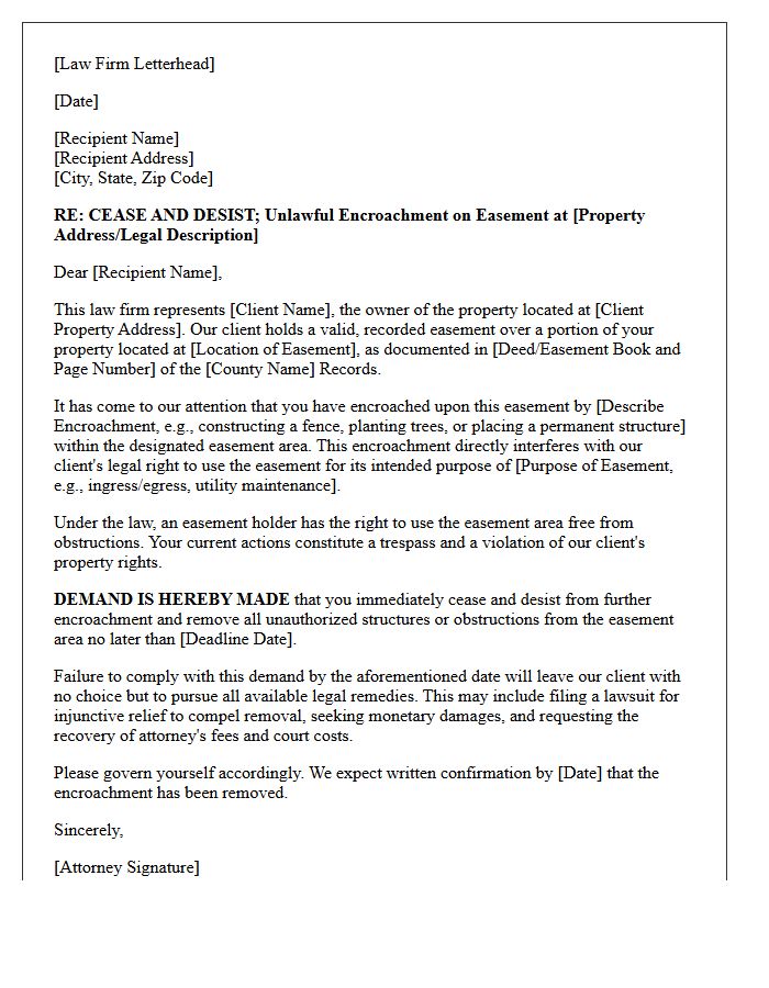 Law Firm Drafted Easement Encroachment Cease and Desist Letter