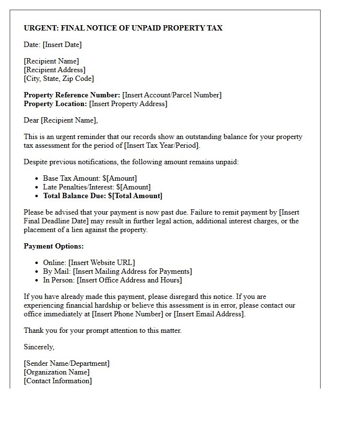 Urgent Property Tax Assessment Payment Reminder Letter