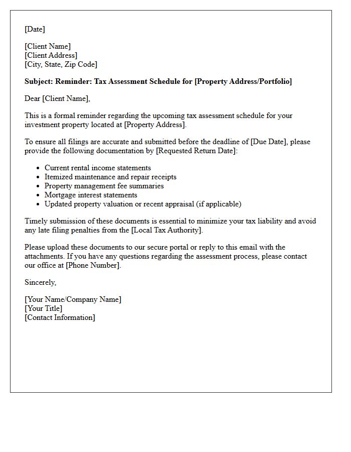 Investment Property Tax Assessment Schedule Reminder Letter