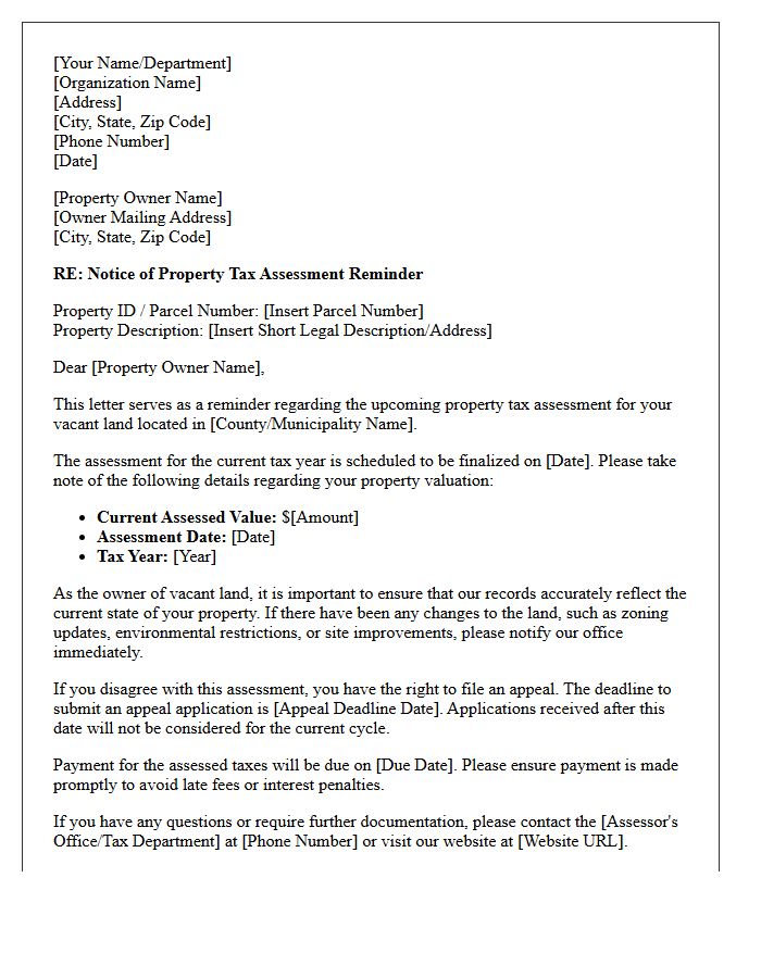 Vacant Land Property Tax Assessment Reminder Letter
