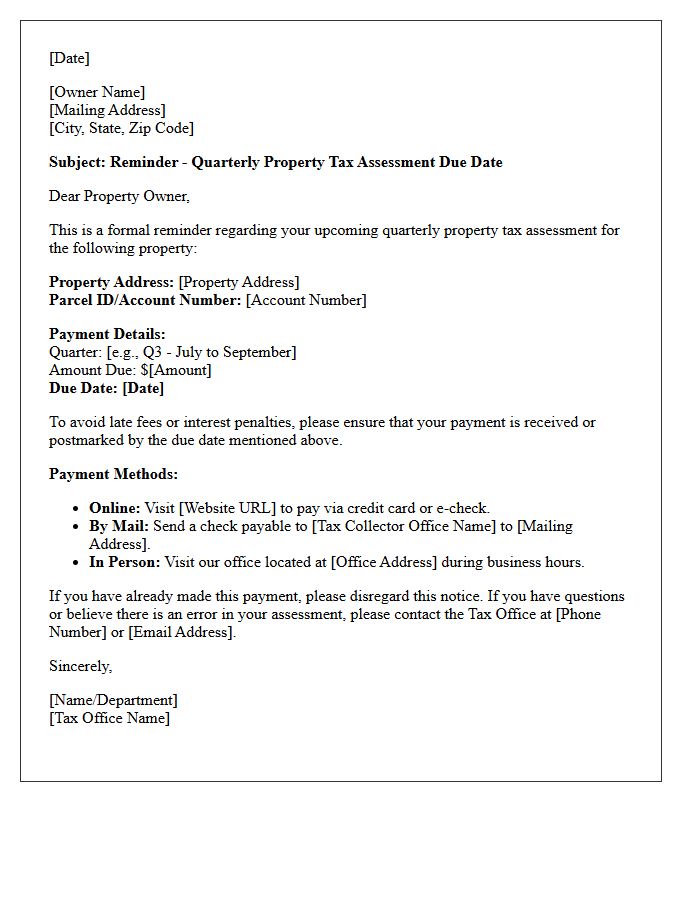 Quarterly Property Tax Assessment Due Date Reminder Letter