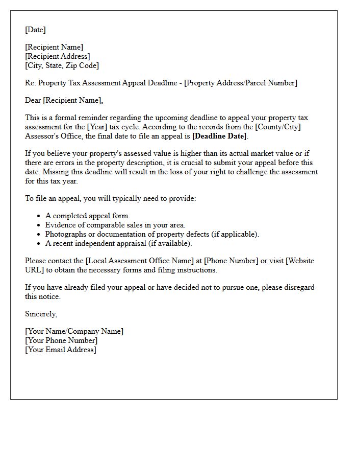 Property Tax Assessment Appeal Deadline Reminder Letter