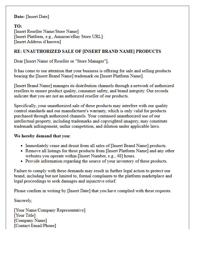 Initial Notice Unauthorized Reseller Cease and Desist Letter