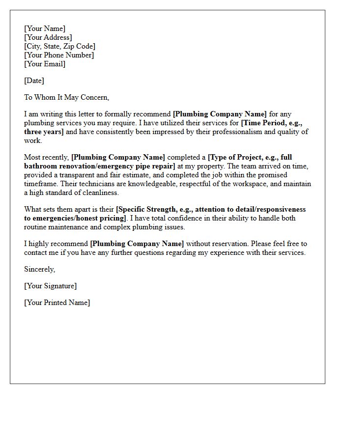 Local Plumbing Contractor Recommendation Letter