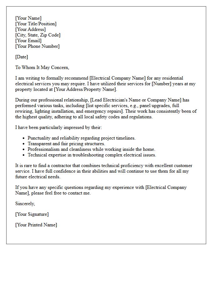 Residential Electrical Vendor Recommendation Letter