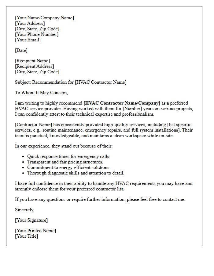Preferred HVAC Contractor Recommendation Letter