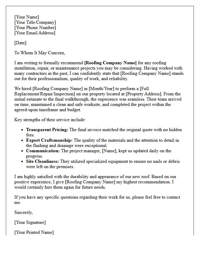 Reliable Roofing Vendor Recommendation Letter