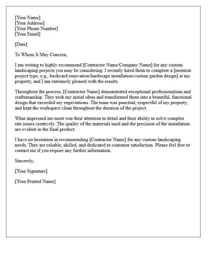 Custom Landscaping Contractor Recommendation Letter
