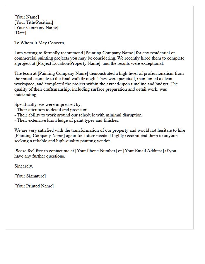 Professional Painting Vendor Recommendation Letter
