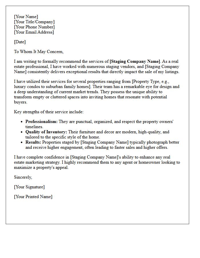 Real Estate Staging Vendor Recommendation Letter