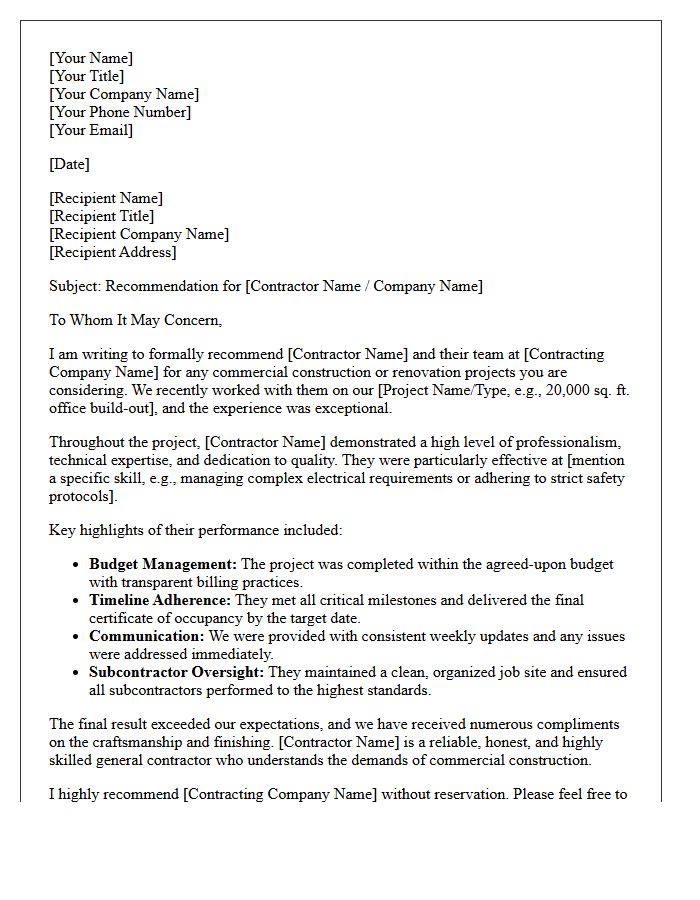 Commercial General Contractor Recommendation Letter