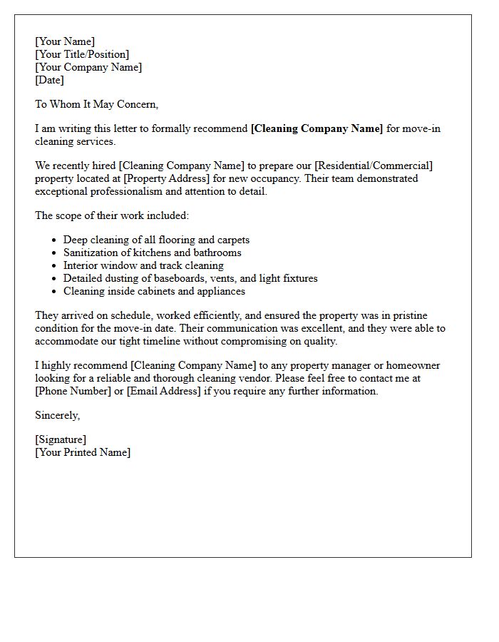 Move-In Cleaning Vendor Recommendation Letter