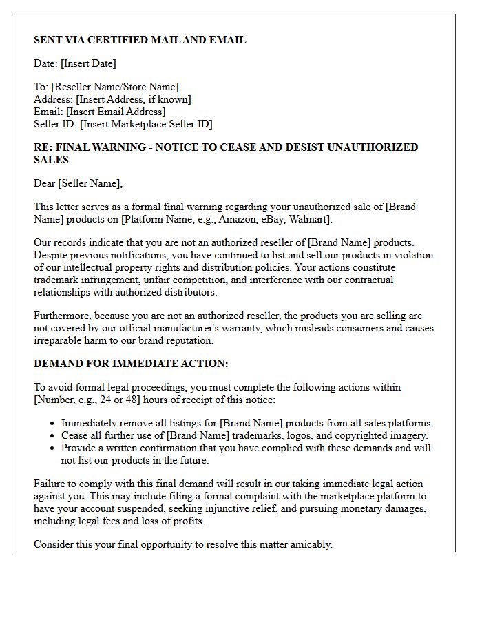 Final Warning Unauthorized Reseller Cease and Desist Letter