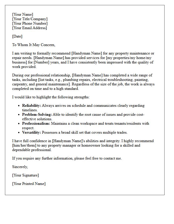 Property Maintenance Handyman Recommendation Letter