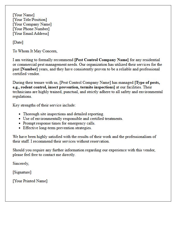 Certified Pest Control Vendor Recommendation Letter