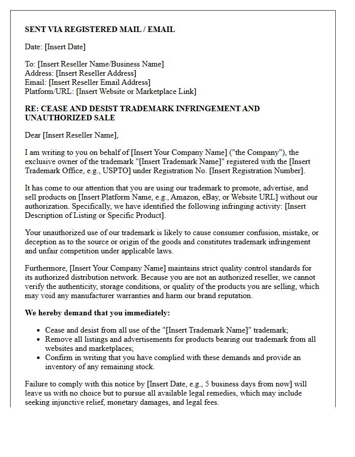 Trademark Infringement Unauthorized Reseller Cease and Desist Letter