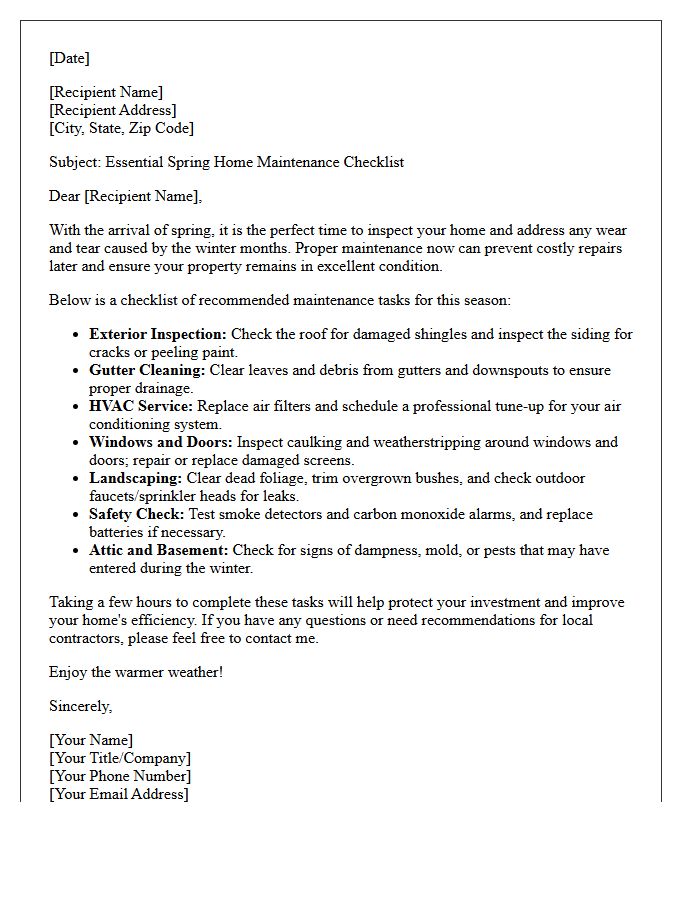 Spring Home Maintenance Checklist Letter