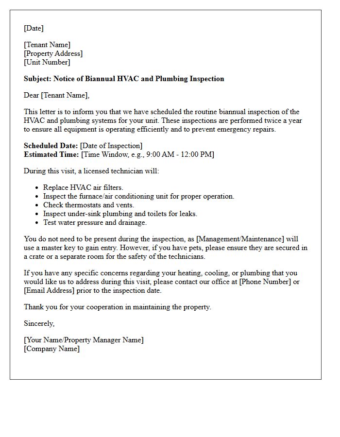 Biannual HVAC and Plumbing Inspection Letter