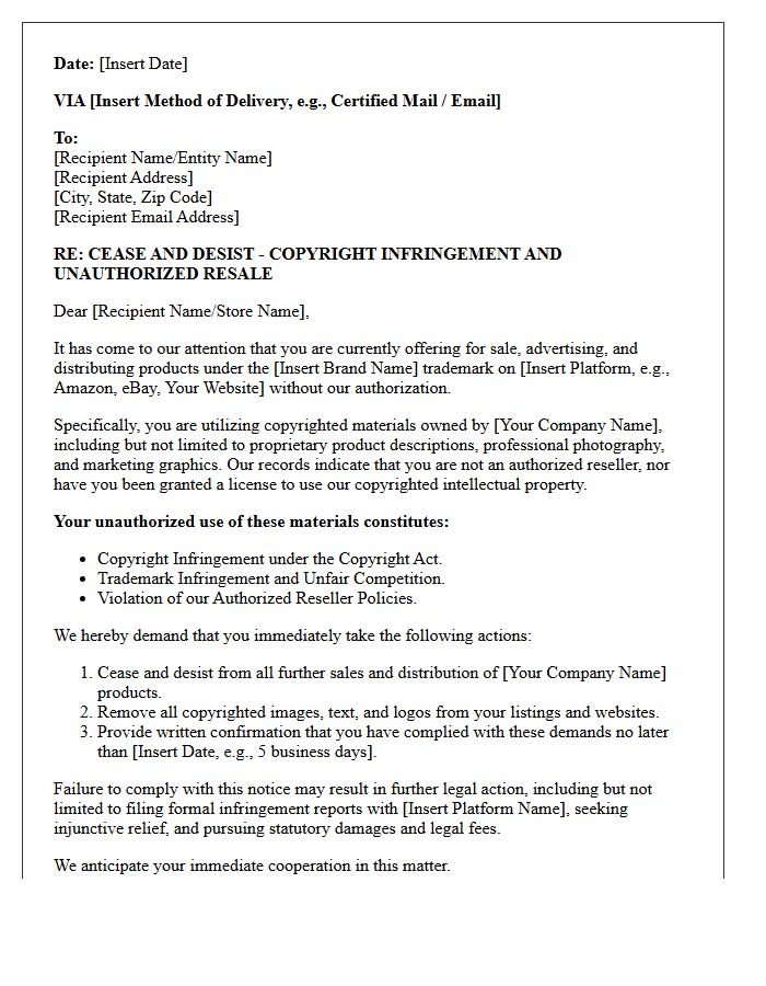 Copyright Violation Unauthorized Reseller Cease and Desist Letter