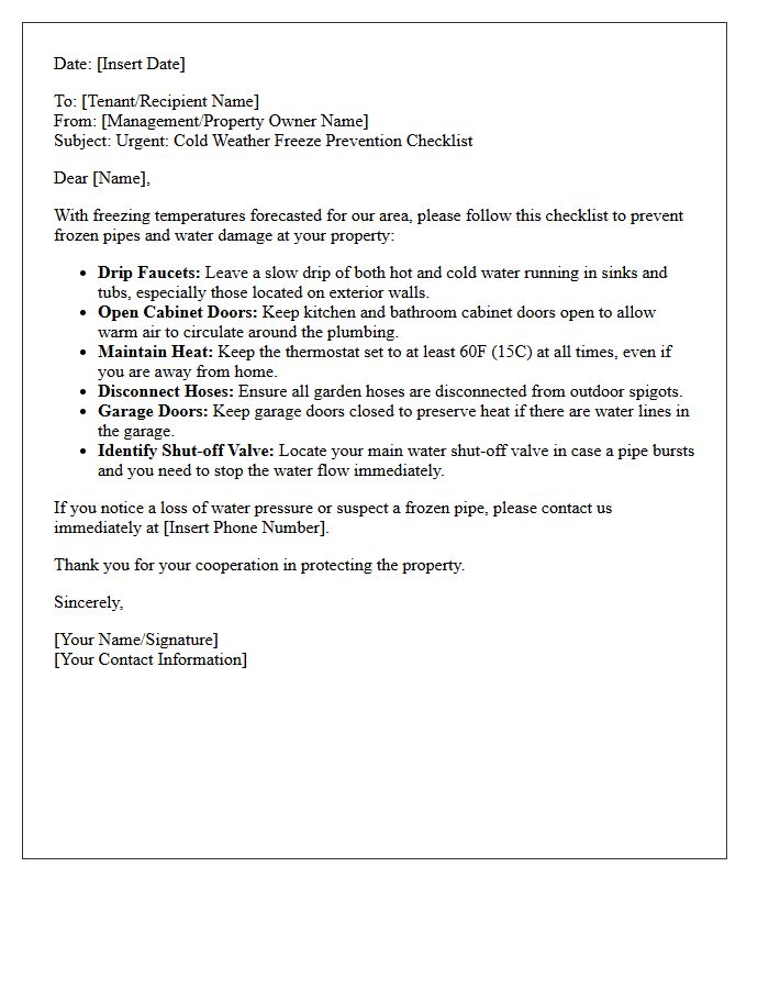 Cold Weather Freeze Prevention Checklist Letter