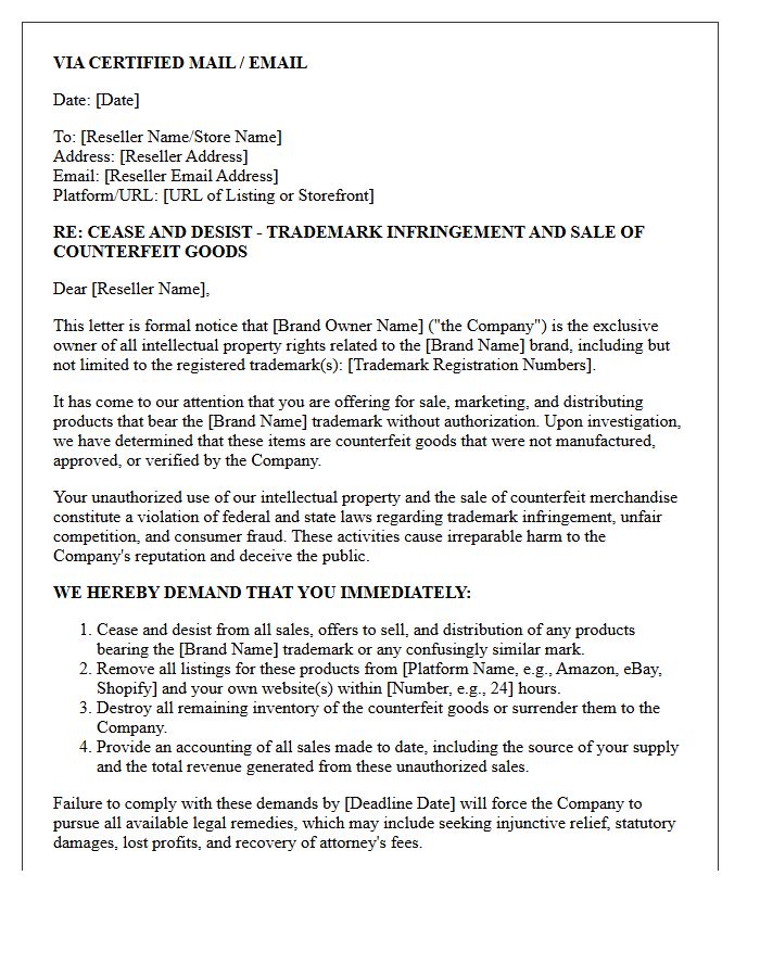 Counterfeit Goods Unauthorized Reseller Cease and Desist Letter