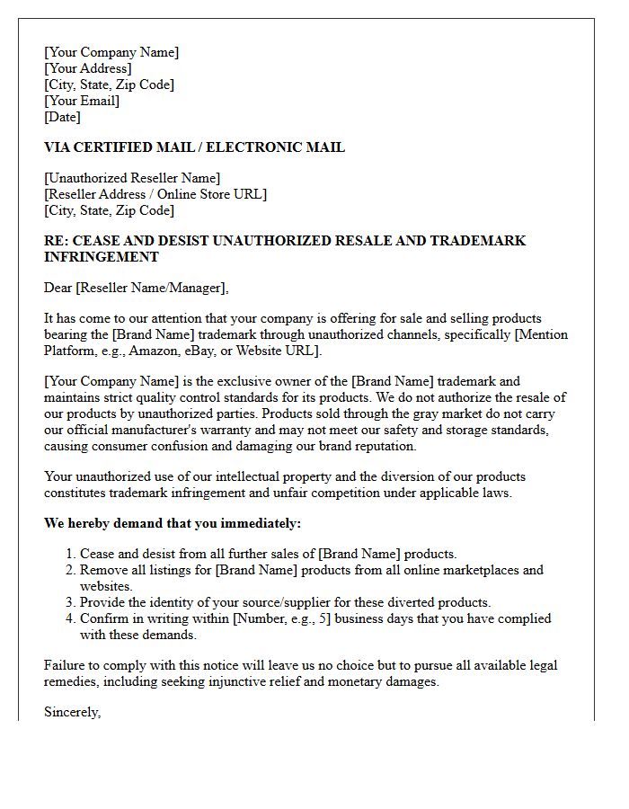 Gray Market Diverter Unauthorized Reseller Cease and Desist Letter