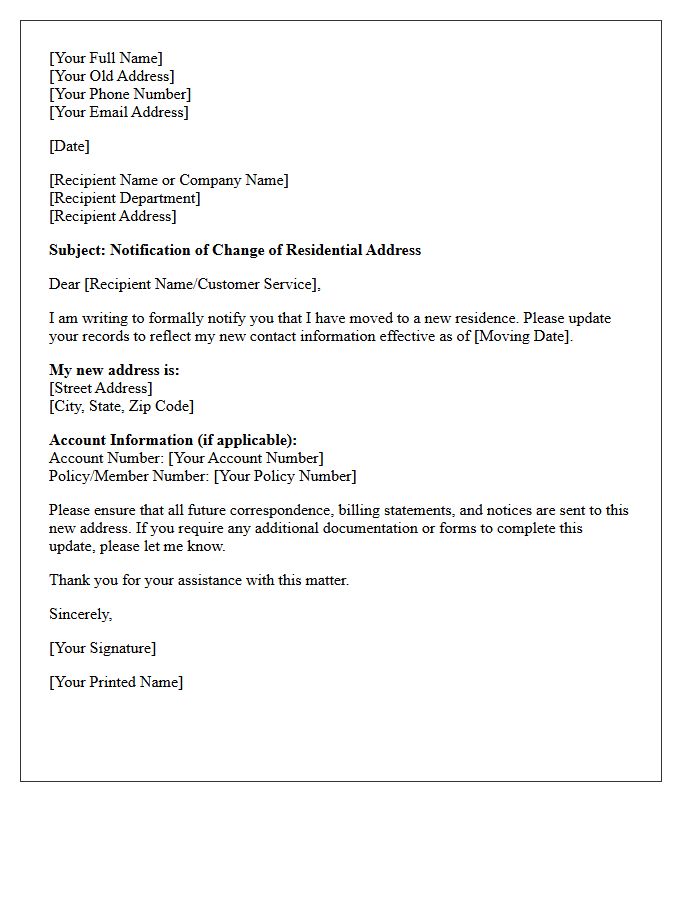 New Residence Address Notification Letter