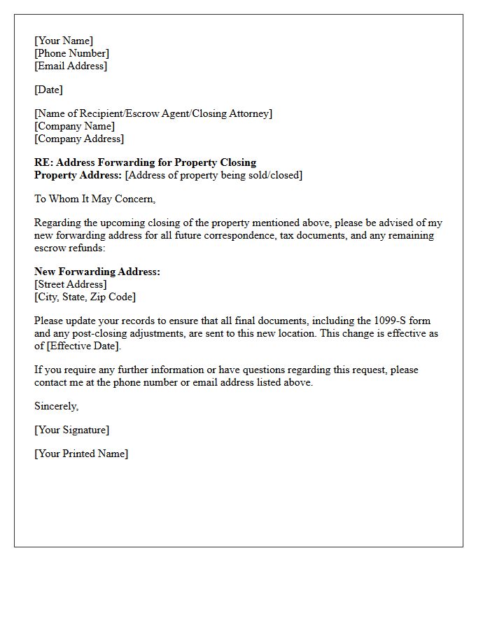 Property Closing Address Forwarding Letter
