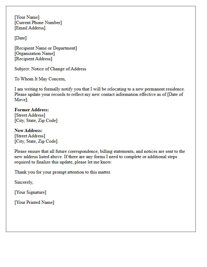 Homeowner Relocation Address Change Letter