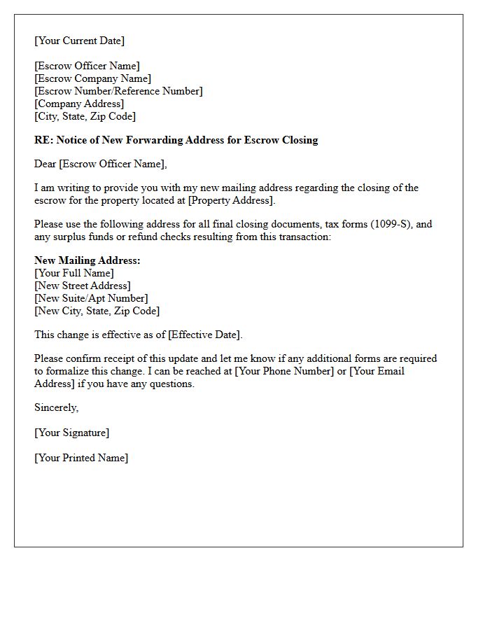 Escrow Closing Address Update Letter