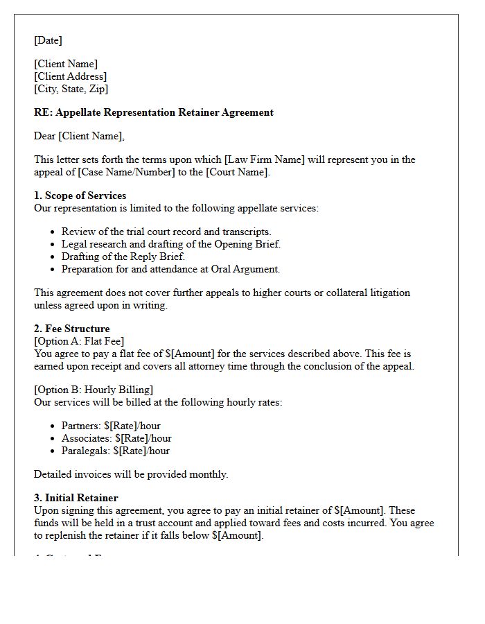 Appellate Retainer and Fee Structure Letter Terms