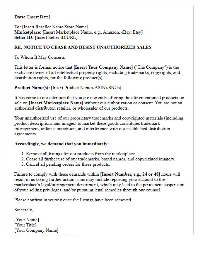 Digital Marketplace Unauthorized Reseller Cease and Desist Letter