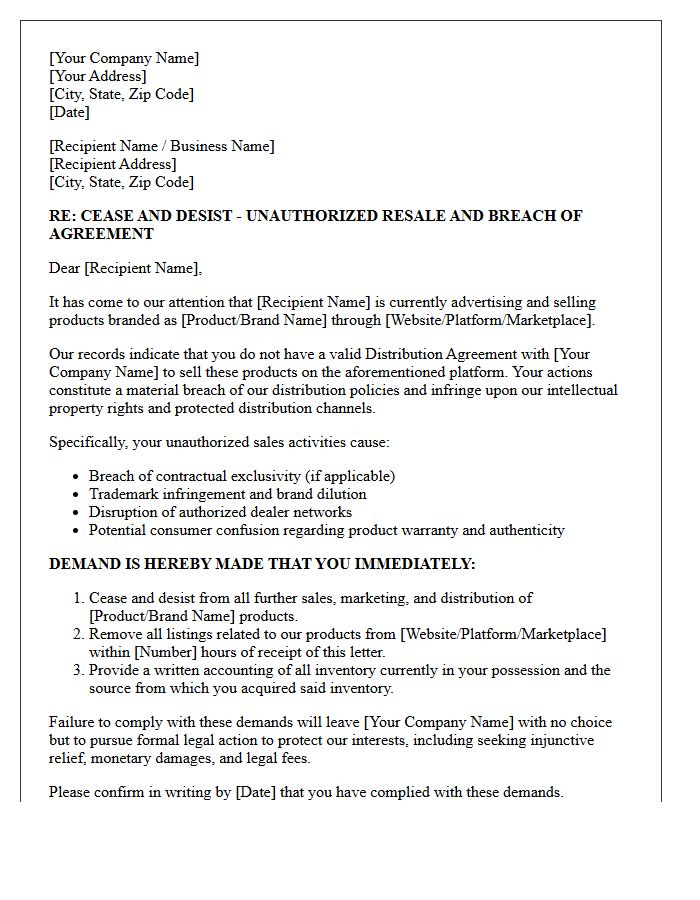 Breach of Distribution Agreement Unauthorized Reseller Cease and Desist Letter