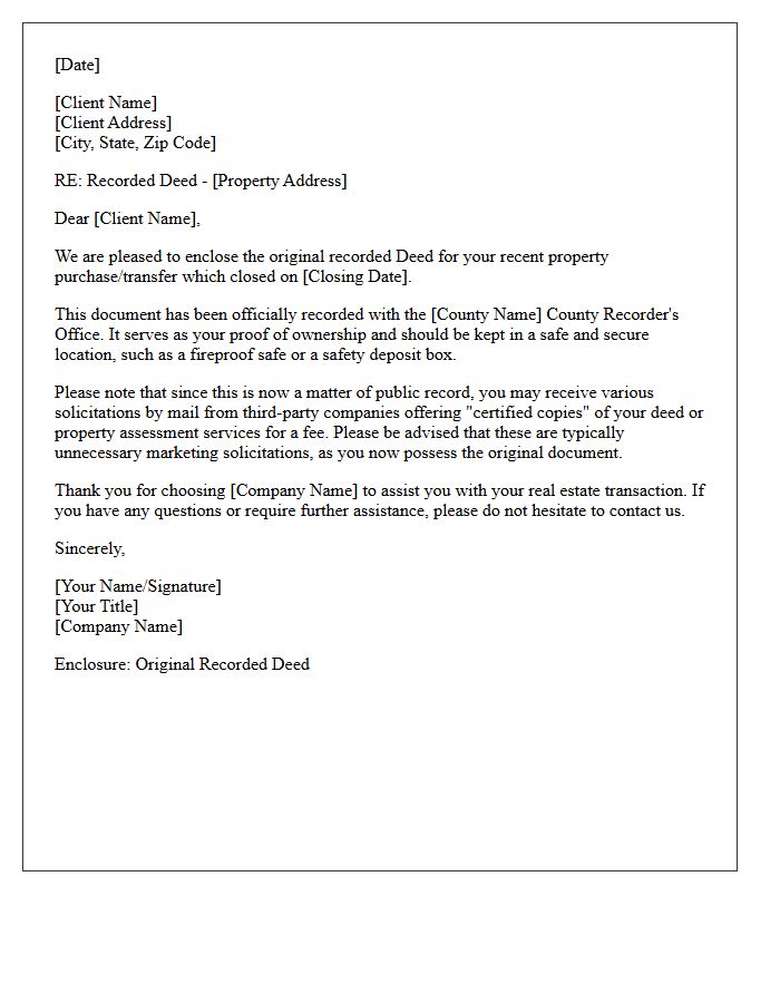 Recorded Deed Post-Closing Follow-Up Letter
