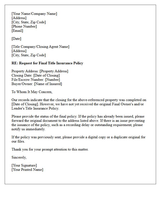 Final Title Insurance Policy Follow-Up Letter