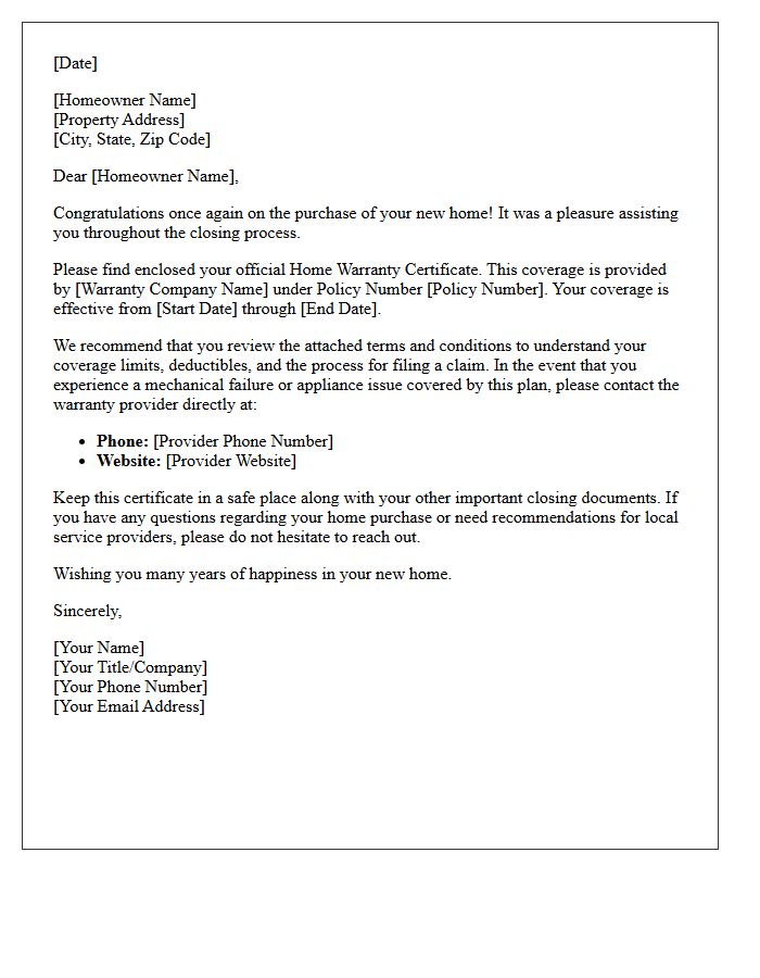 Home Warranty Certificate Post-Closing Letter